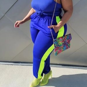 2 Piece Zenana Blue and Lime Green Jogger Set
